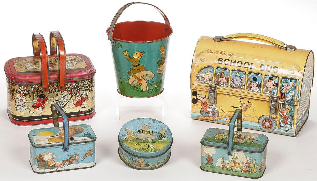 VINTAGE TIN LUNCH AND FOOD WARES: VINTAGE TIN LUNCH AND FOOD WARES. Comprising 6 individual pieces including a Disney school bus lunch box, a Santa Christmas box with handle, a Peter Rabbit tin box with handle, a Peter Rabbit round bo