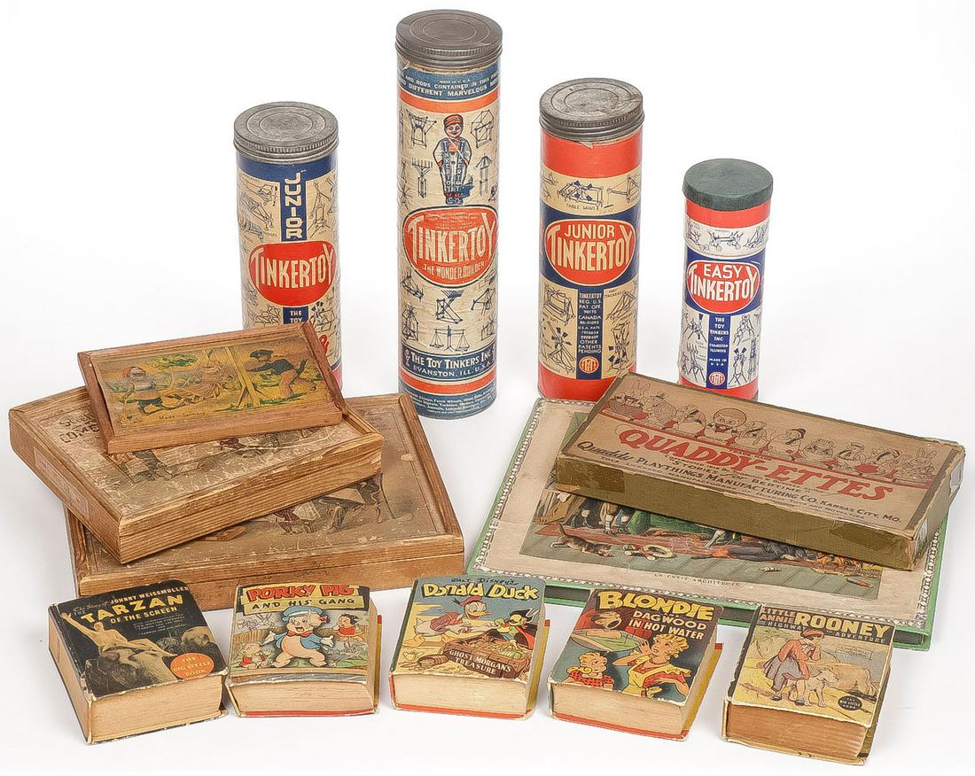 VINTAGE PUZZLE, GAME & BOOK GROUP: VINTAGE PUZZLE, GAME & BOOK GROUP. Comprising 14 individual pieces including a Playthings Quaddy-ettes boxed toy set, a German watercolor set, two Richter Comet Blocks sets in original boxes with manu