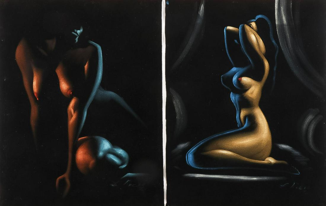 PAIR NUDE OIL ON VELVET PAINTINGS C. 1970: PAIR NUDE OIL ON VELVET PAINTINGS C. 1970. Each measuring approximately 23.5 inches x 17 inches, and each appear to be signed L. Rocha and dated 1970. Unstretched and unframed.SHIPPING NOTICE:Jackso