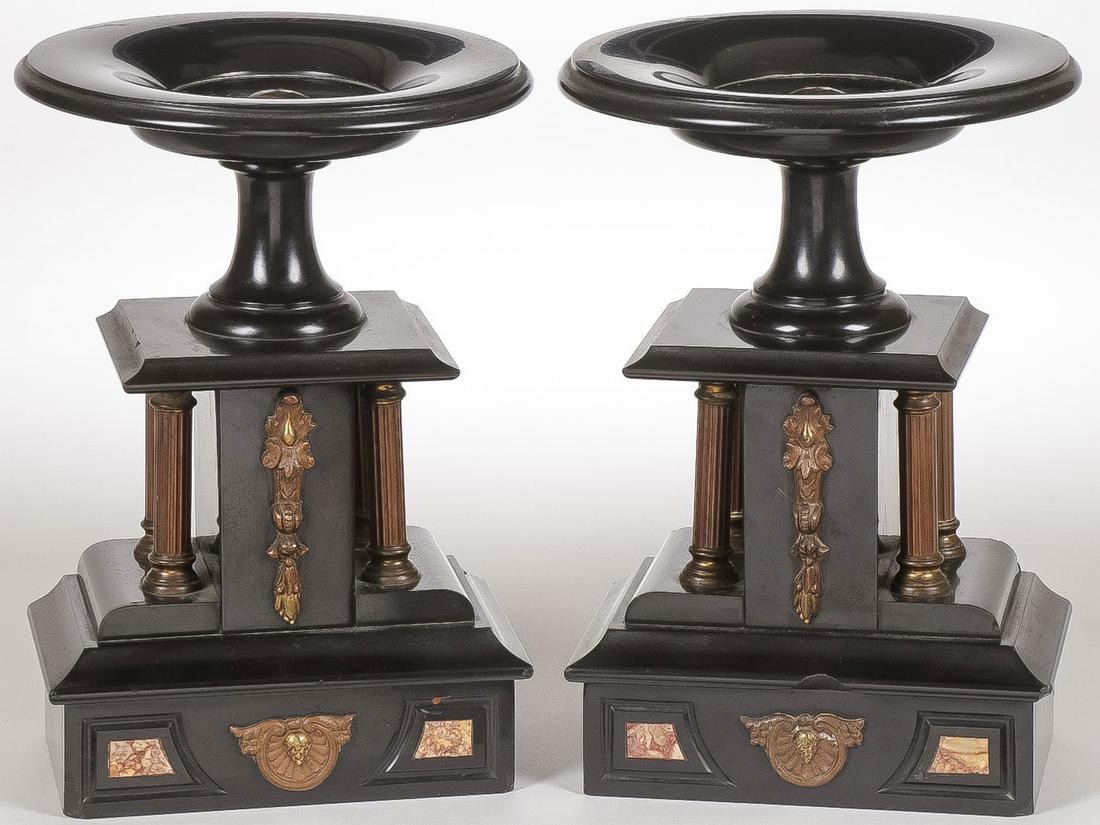PAIR OF SLATE MANTLE COMPOTES: PAIR OF SLATE MANTLE COMPOTES. Of classical design with gilt metal elements as shown. Height 11 inches each. SHIPPING NOTICE: Jackson's is your sole and only source for one stop packing and shipping.