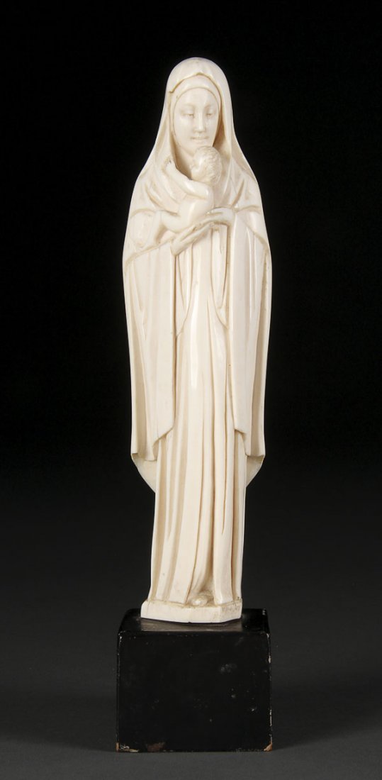 CARVED IVORY FIGURE OF VIRGIN & CHILD, FRENCH: A CARVED IVORY FIGURE OF THE VIRGIN AND CHILD, PROBABLY FRENCH, 19TH CENTURY. Carved in full round and mounted on an ebony block pedestal. Ivory height 8.1 inches (20.5 cm). Not illustrated.