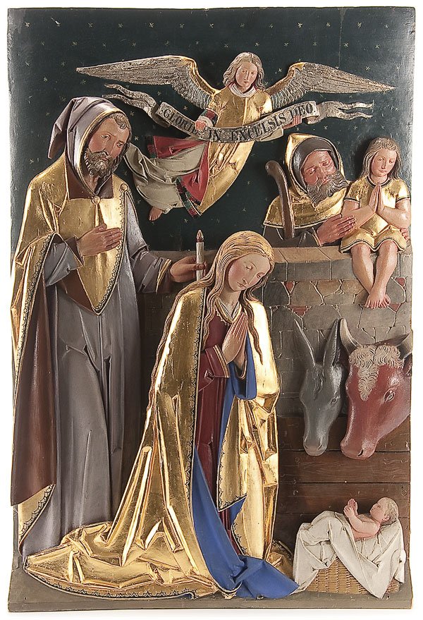 EXCEPTIONAL CARVED WOOD RELIEF PLAQUE, 19TH C.: A VERY FINE POLYCHROME, GILT AND CARVED RELIEF WOOD PLAQUE OF THE ADORATION OF THE SHEPHERDS, GERMAN 19TH CENTURY. Finely carved in high relief and in the Neo Gothic taste, the Virgin Mary and Joseph