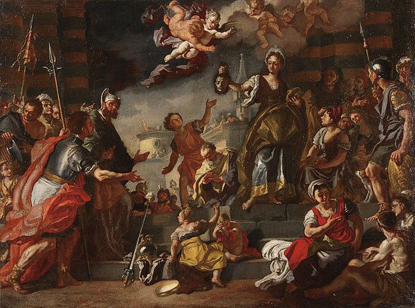 OLD MASTER OIL PAINTING FRANCESCO SOLIMENA: Studio of FRANCESCO SOLIMENA (Italian 1657-1747)Judith With the Head of HolofernesOil on canvas29.8 inches x 39.8 inches (75.5 x 101 cm) Provenance:Private Collection, Chicago, Illinois U