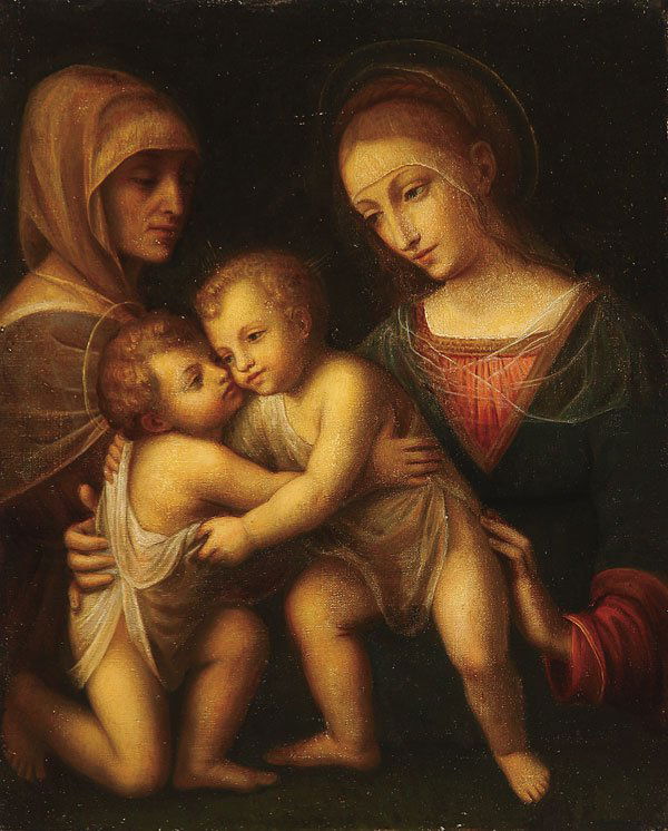 OLD MASTER OIL PAINTING, FOLLOWER OF LUINI: Follower of BERNARDINO LUINI (Italian 1475-1532)The Madonna and Child with Infant St. John and St. AnneOil on canvas16 inches x 13 inches (40.6 x 33 cm)