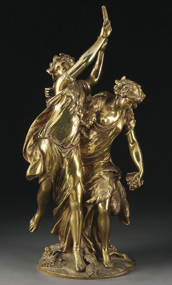BRONZE BACCHANALIA GROUP AFTER CLODION: After MICHAEL CLAUDE CLODION (French 1738-1814)Bacchanalia GroupBronze with gold patinaInscribed on base "Clodion"Height 22 inches (56 cm)