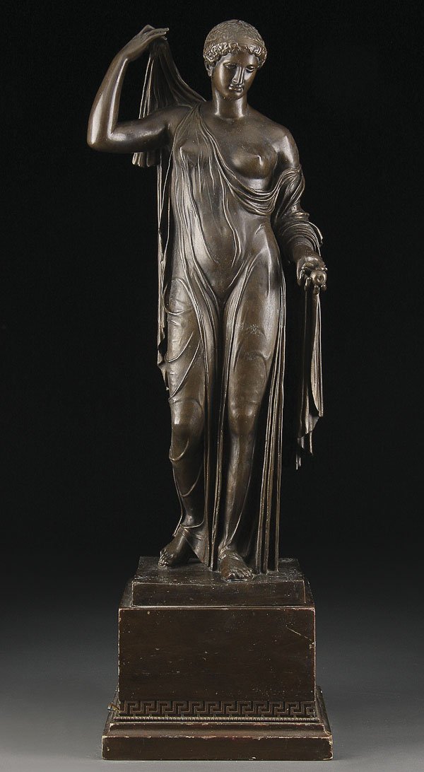 BRONZE FIGURE OF VENUS GENITRIX, FRENCH, 19TH C.: A BRONZE FIGURE OF VENUS GENITRIX, AFTER THE ANTIQUE, FRENCH 19TH CENTURY. With Collas reduction stamp and dark brown patina. Height 25 inches (63.5 cm).