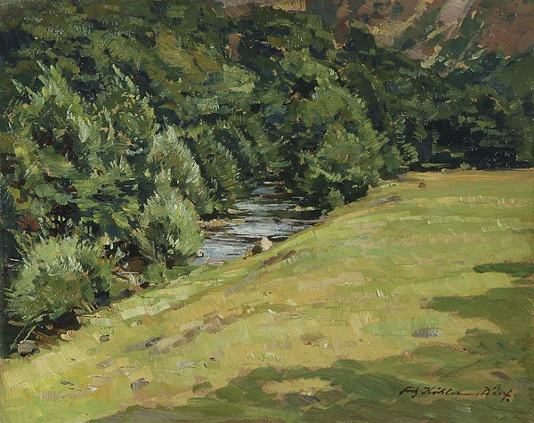 VINTAGE SIGNED GERMAN LANDSCAPE OIL PAINTING: FRITZ KOHLER (German 1887-1972) Summer Landscape with Stream Oil on artist board Signed lower right 19.7 inches x 15.7 inches (50 x 40 cm)