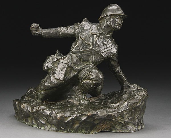 AMERICAN WWI BRONZE SOLDIER SCULPTURE SIGNED: ALPHONSE GREBEL (American 1885-1968) In the Trenches- circa 1918 Bronze with greenish brown patina Inscribed on base "A. Grebel" and foundry mark Height 9.5 inches (24.1 cm)