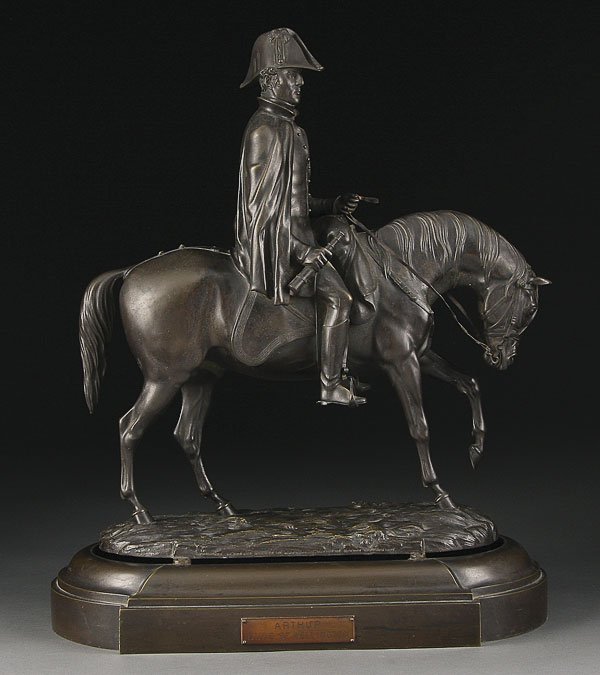 BRITISH BRONZE SCULPTURE, DUKE OF WELLINGTON,: EDMUND COTTEREL (British 1795-1860) Arthur, Duke of Wellington Riding Copenhagen Bronze with dark patina Stamped on base Height 16.75 inches (42.5 cm), overall height including added base 19.25 inches
