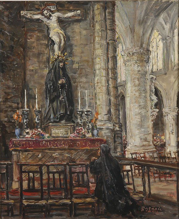 BELGIAN OIL PAINTING, CIRCA 1920, SIGNED: RAPHAEL DUBOIS (Belgian b.1888- )a Woman Praying at a Marian AltarOil on canvasSigned lower right "Raphael DuBois"22 inches x 18.25 inches (55.8 x 46.3 cm)