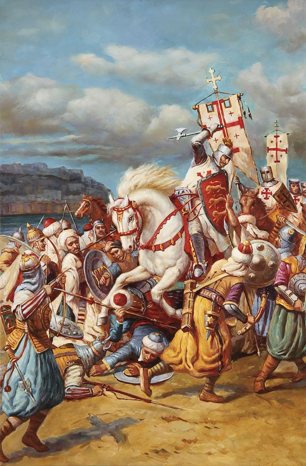 CRUSADER OIL PAINTING: CONTINENTAL SCHOOL (20th century) Crusaders on Their Way to Jerusalem Oil on canvas 35.5 inches x 23.75 inches (90 x 60 cm)