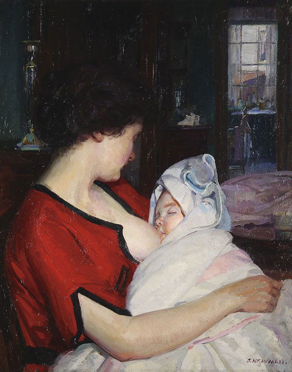 PAINTING OF MOTHER NURSING CHILD, C. 1900 SIGNED: JOSEPH NEWMAN (American 1890-1979)MotherhoodOil on canvasSigned lower right "J. Newman"30 inches x 24 inches (unframed)