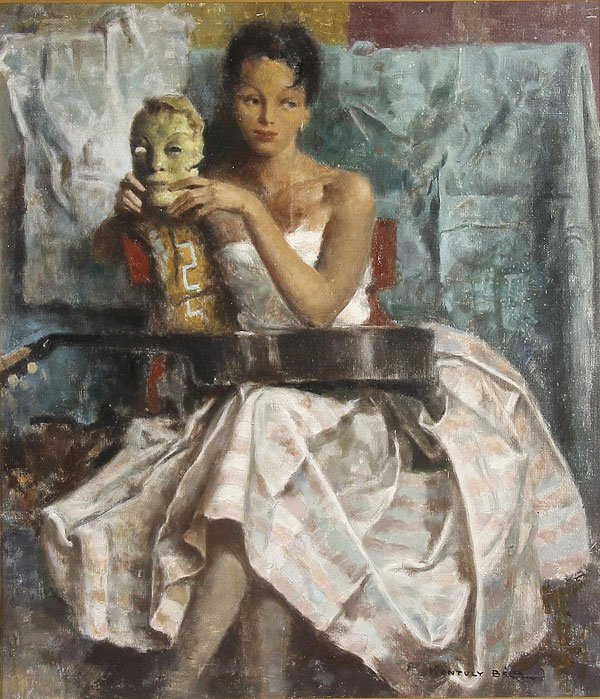 BELA KONTULY OIL PAINTING, HUNGARIAN, SIGNED: BELA KONTULY (Hungarian 1904-1983) The Mask Oil on canvas Signed lower right 31 inches x 27 inches (78.8 x 68.5 cm)