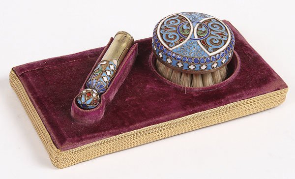 RUSSIAN SILVER CHALK HOLDER MARKED FABERGE: A RUSSIAN SILVER-GILT AND CLOISONNÉ CHALK HOLDER AND BRUSH, HALLMARKED MOSCOW, CIRCA 1890. Both pieces stamped in Cyrillic KFABERGE and 84 silver standard. Setting on the remnant of its original box