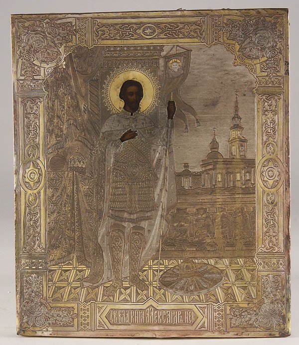 RUSSIAN ICON-ST ALEXANDER NEVSKY, 19TH C: A RUSSIAN ICON OF ST. ALEXANDER NEVSKY, 19TH CENTURY. Naturalistically rendered and overlaid with an ornate profusely engraved silver-gilt copper riza. 12.25 inches x 10.5 inches (31.1 x 26.7 cm).