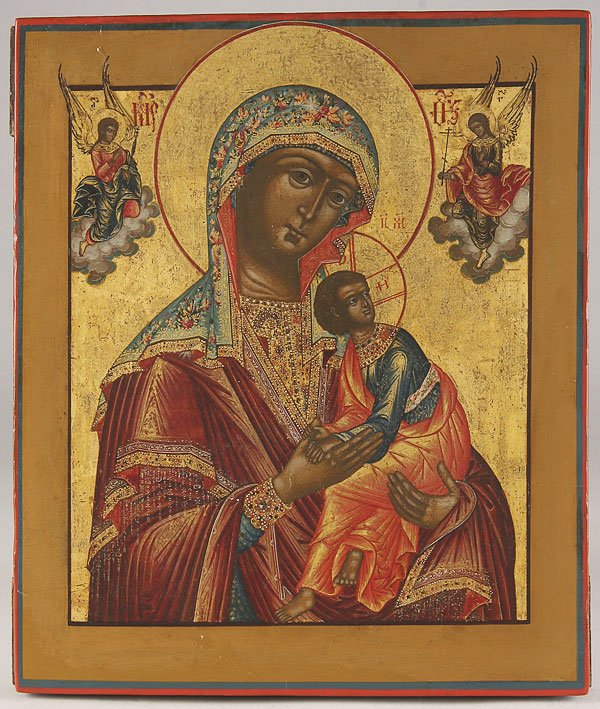 RUSSIAN ICON-MOTHER OF GOD OF THE PASSION, C. 1780: A VERY FINE RUSSIAN ICON OF THE MOTHER OF GOD OF THE PASSION, CIRCA 1780. A finely painted icon with beautifully embroidered veil and garments, angels of the Lord descend on clouds with instruments of