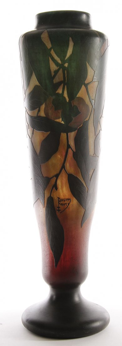 LARGE DAUM NANCY FRENCH CAMEO ART GLASS FLOOR VASE: A LARGE AND IMPRESSIVE DAUM NANCY FRENCH CAMEO GLASS FLOOR VASE, EARLY 20TH CENTURY. In gray glass, internally decorated with splashes of lemon-yellow and rich magenta, overlaid with red and forest gr