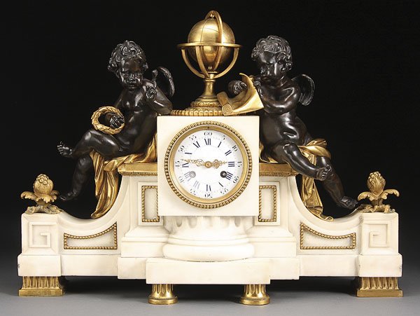 LARGE LOUIS XVI GILT BRONZE CHERUBS CLOCK MOREAU: A VERY FINE AUGUSTE MOREAU "ARTS & SCIENCES" FRENCH LOUIS XVI GILT BRONZE AND MARBLE MANTLE CLOCK, LATE 19TH CENTURY. The bronze figures of two winged cherubs portrayed as sculpture and designer with 