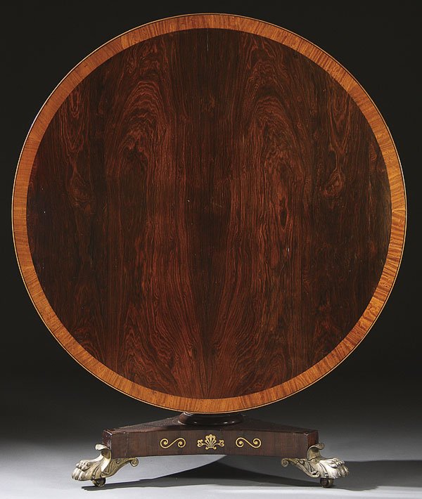 ENGLISH REGENCY PERIOD INLAID TILT TOP TABLE: A VERY FINE ENGLISH REGENCY PERIOD ROSEWOOD & SATINWOOD INLAID TILT TOP BREAKFAST TABLE, CIRCA 1830. The circular top with inlaid satinwood bands raised on a turned baluster column below a triangular 