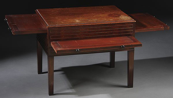 MAHOGANY DRAW LEAF SIDE TABLE: AN INTERESTING MAHOGANY DRAW LEAF SIDE TABLE, 20TH CENTURY. Of rectangular form with three draw leaf shells. Height 20 inches (50.7 cm), width 24.75 inches (62.75 cm), depth 19.25 inches (49 cm).