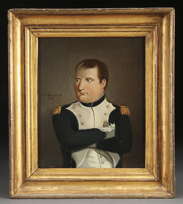 PAINTING, PORTRAIT OF NAPOLEON, OIL ON PANEL: A 19TH CENTURY CONTINENTAL SCHOOL PORTRAIT OF NAPOLEON. Oil on wood panel, inscribed center left " N. Bonaparte 1814", and signed "J.A." lower left, contained in a period gilt wood frame. 7.75 inches 