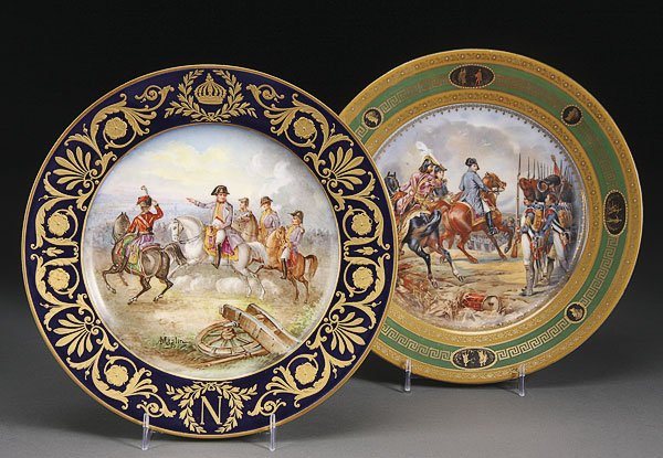 SEVRES STYLE NAPOLEON BATTLE SCENE PORCELAIN PLATE: A SEVRES STYLE "NAPOLEONIC" HAND PAINTED PORCELAIN PLATE, CIRCA 1900. Finely painted with a scene from the "Battle at Marengo", signed on verso with spurious sevres mark, together with a transfer prin