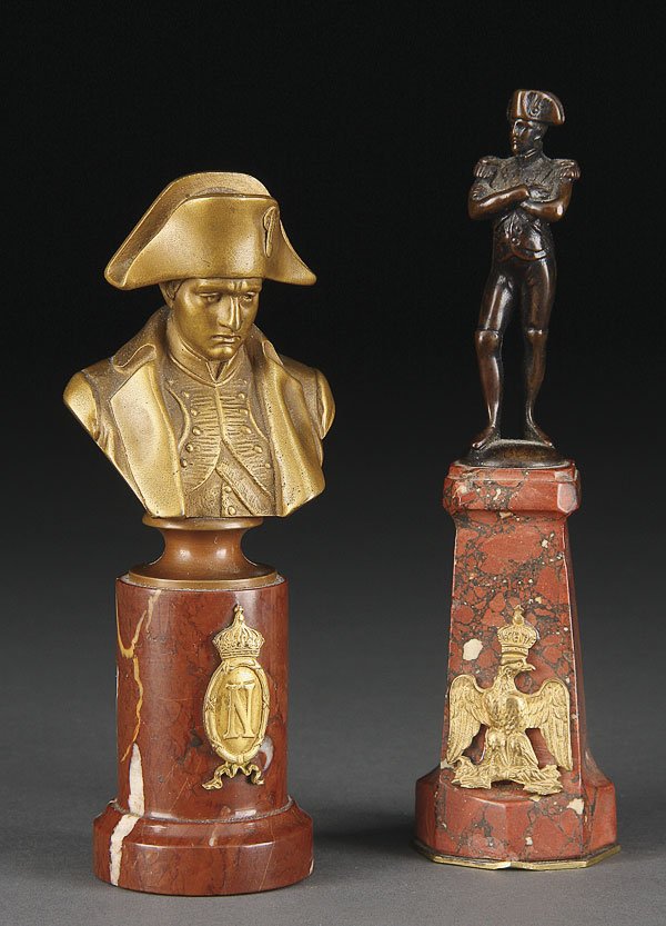 GILT BRONZE BUST, NAPOLEON, MULLER: HANS MULLER (AUSTRIAN 1873-1937) A MINIATURE GILT BRONZE BUST OF NAPOLEON. Together with a miniature bronze standing figure of napoleon, each mounted on a rouge marble plinth. The largest 5.5 inches (