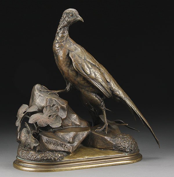 MOIGNIEZ, PHEASANT ON ROCKERY, BRONZE, FRENCH: JULES MOIGNIEZ (French 1835-1894) Pheasant Perched on Rockery Bronze with brown patina Inscribed J. Moigniez Height 13.25 inches (33.75 cm)