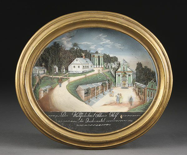 CZECHOSLOVAKIA DIORAMA "SANCTUARY OF MARY HELF": A VERY FINE 19TH CENTURY WATERCOLOR AND MIXED MEDIA SCENIC DIORAMA "SANCTUARY OF MARY HELF" AT ZUCKMANTLE, CZECHOSLOVAKIA. Contained in an oval glazed shadow box frame. 14.25 inches x 12.5 inches (36