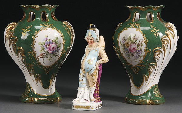 3 PIECE JACOB PETIT FRENCH PORCELAIN 19TH CENTURY: A THREE PIECE GROUP OF JACOB PETIT FRENCH PORCELAIN, 19TH CENTURY. Comprising a figural scent bottle modeled as a whimsical jester, and a pair of gilt and floral decorated rococo form vases. Each sign