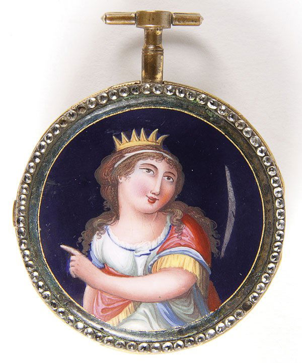 ANTIQUE SWISS ENAMELED POCKET WATCH: A FINE SWISS ENAMELED PORTRAIT CASED POCKET WATCH, CIRCA 1800. The Swiss chain drive movement labeled "Berthod" with enameled portrait on verso surrounded by rose cut zircons. Diameter 2 inches (5 cm)
