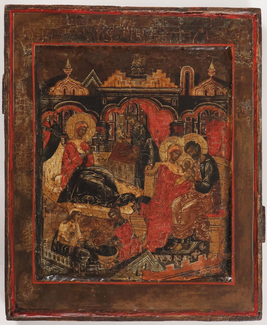 RUSSIAN ICON BIRTH OF THE MOTHER OF GOD, C 1650: RUSSIAN ICON BIRTH OF THE MOTHER OF GOD, C 1650, YAROSLAVL. 12.75 inches x 10.25 inches (32.5cm x 26cm). SHIPPING NOTICE: Jackson's is your sole and only source for one stop packing and shipping. Wit