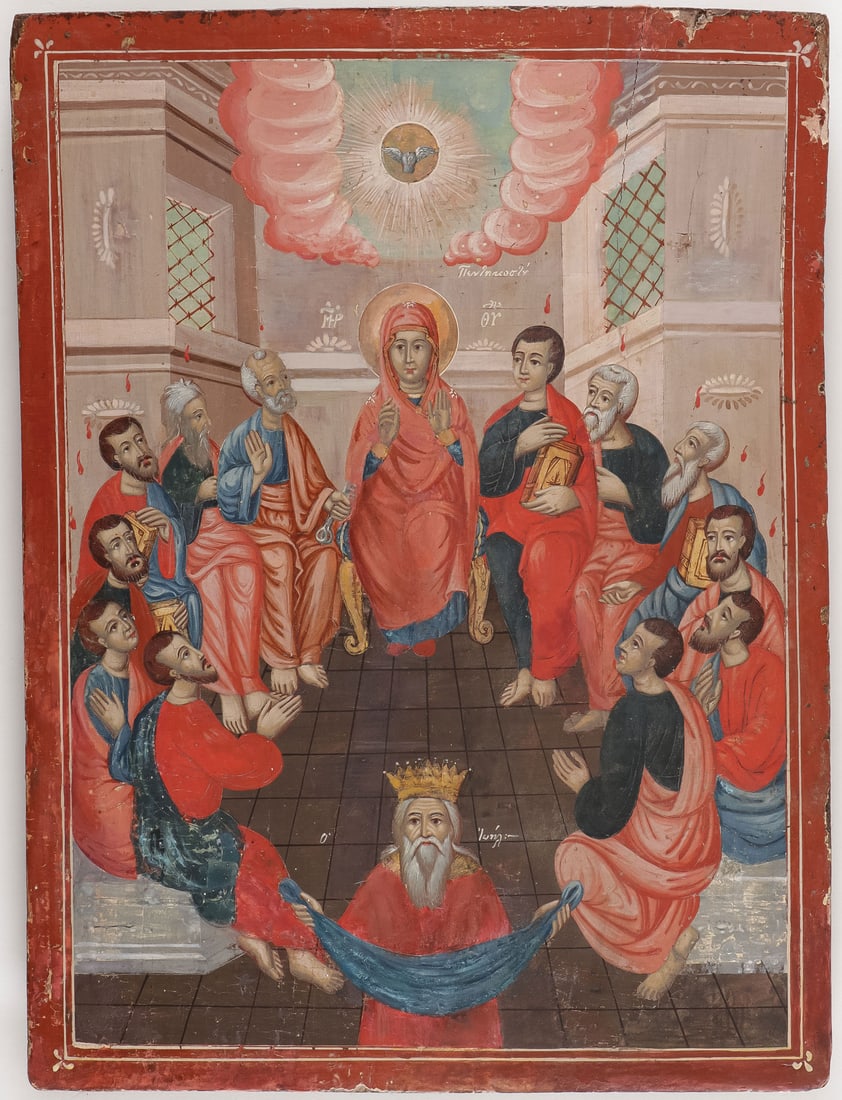 A GREEK ICON OF THE DESCENT OF THE HOLY SPIRIT: A GREEK ICON OF THE DESCENT OF THE HOLY SPIRIT, LATE 18TH C. Here the Apostles are gathered in a room with the Mother of God, a dove representing the Holy Spirit descends from above. Below is a crowne