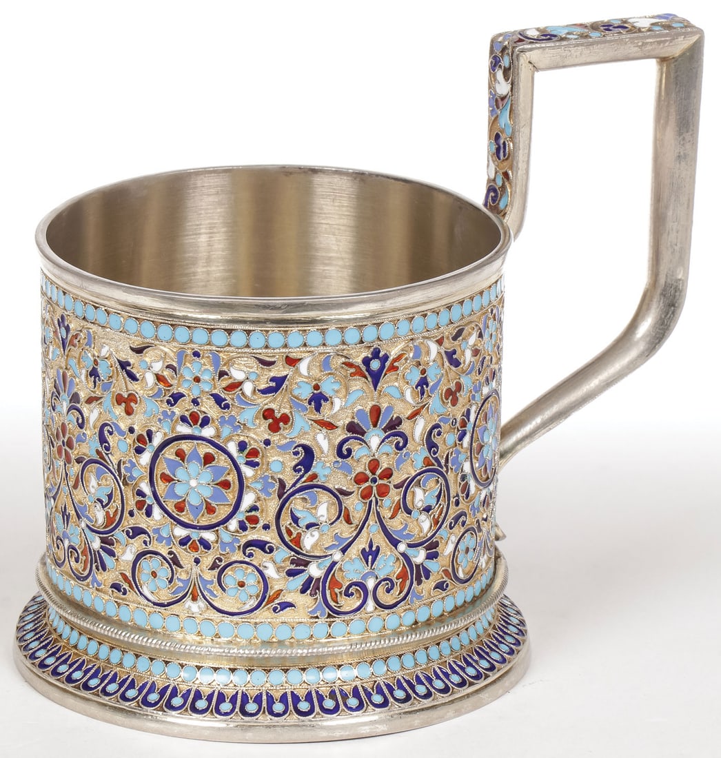 A RUSSIAN SILVER & ENAMEL TEA GLASS HOLDER (1 of 3)