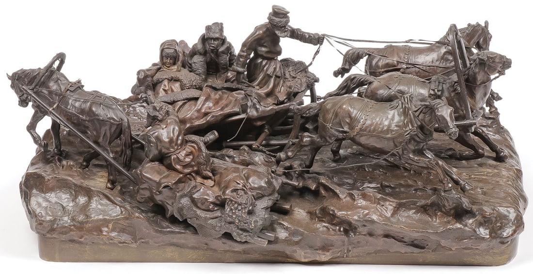 LARGE RUSSIAN BRONZE GROUP, GRACHEV, 19TH C: LARGE RUSSIAN BRONZE GROUP, GRACHEV, 19TH C. Comprising a large and impressive extensive and finely sculpted patinated bronze grouping depicting a speeding troika passing a peasant sleigh by Vasili Gr