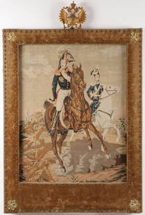 IMPRESSIVE RUSSIAN TSAR NICHOLAS I TAPESTRY: IMPRESSIVE RUSSIAN TSAR NICHOLAS I TAPESTRY, C. 1850 Comprising a large and impressive needlepoint tapestry panel depicting Tsar Nicholas I on horseback after the painting by Franz Kruger (1797-1857)