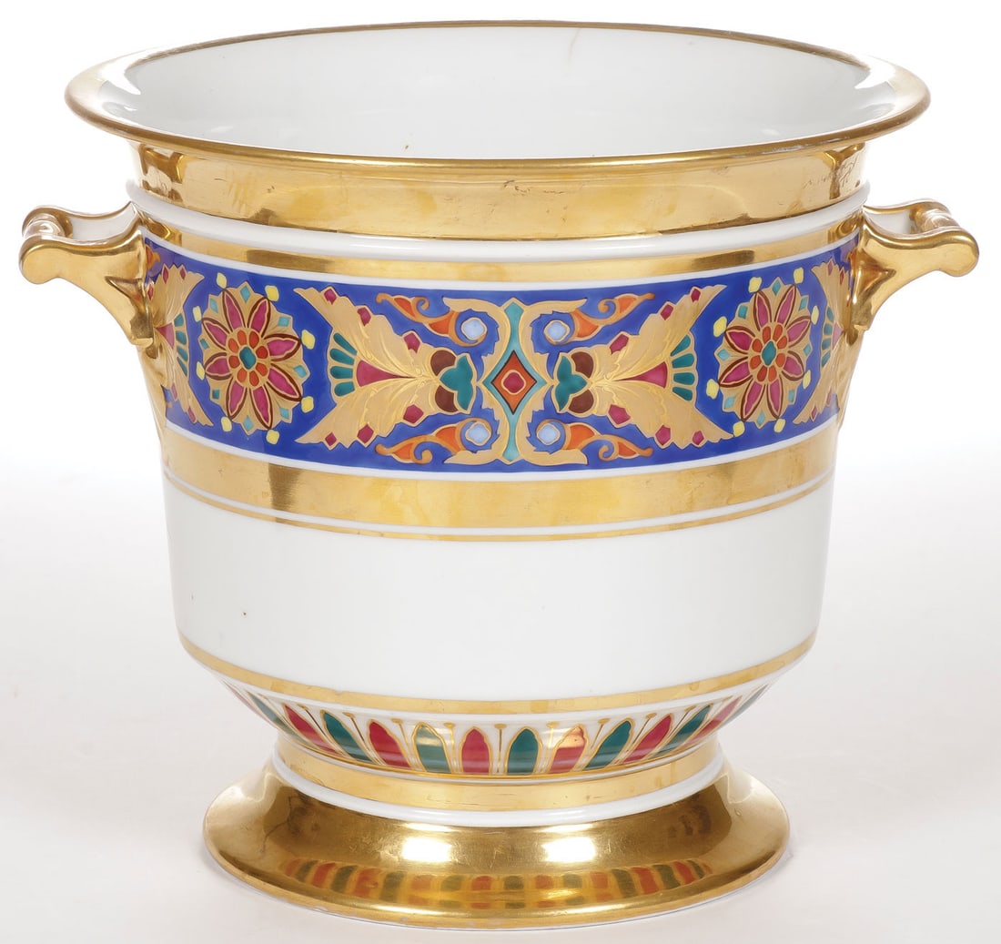 IMPERIAL RUSSIAN PORCELAIN FACTORY WINE COOLER: IMPERIAL RUSSIAN PORCELAIN FACTORY WINE COOLER, NICHOLAS I. Comprising a porcelain decorated wine cooler from the Imperial Gothic Service period of Tsar Nicholas I (1825-1855). With colorful banding o