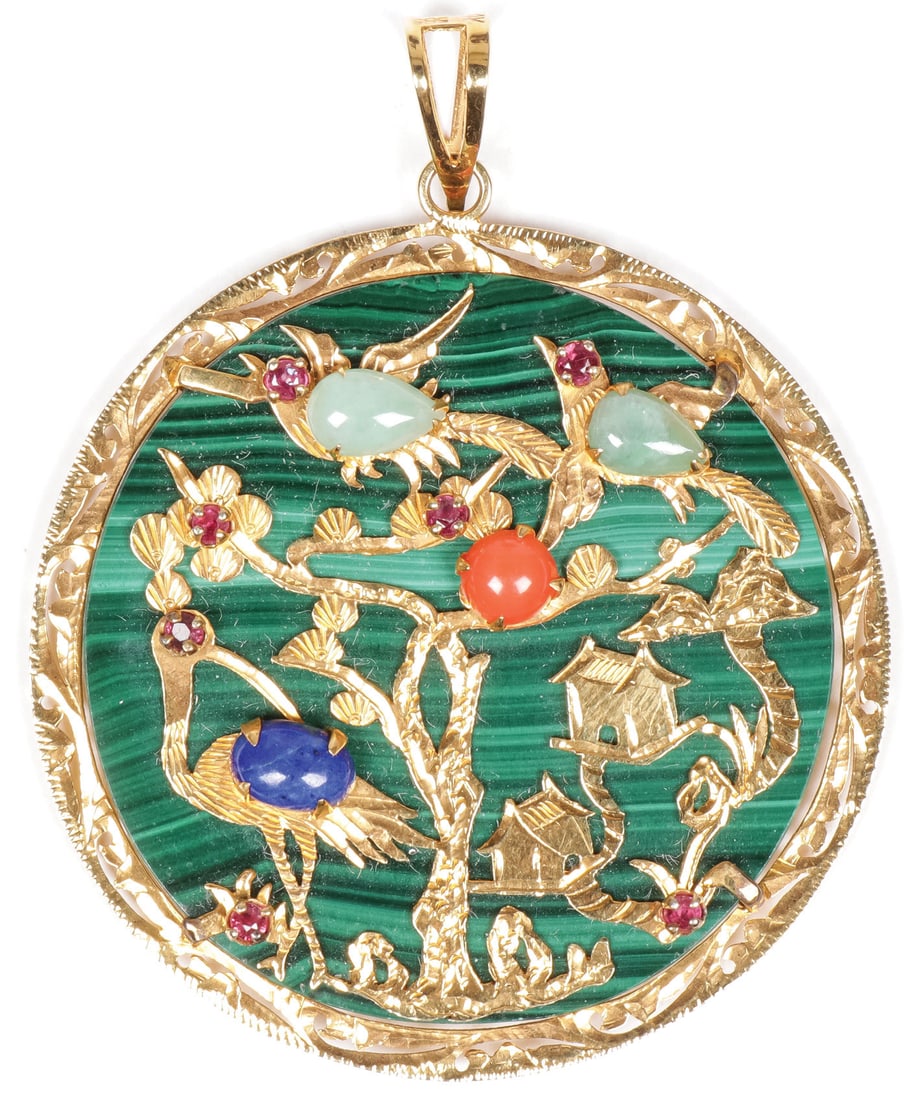 14K GOLD MALACHITE JADE AND CORAL PENDANT (1 of 2)