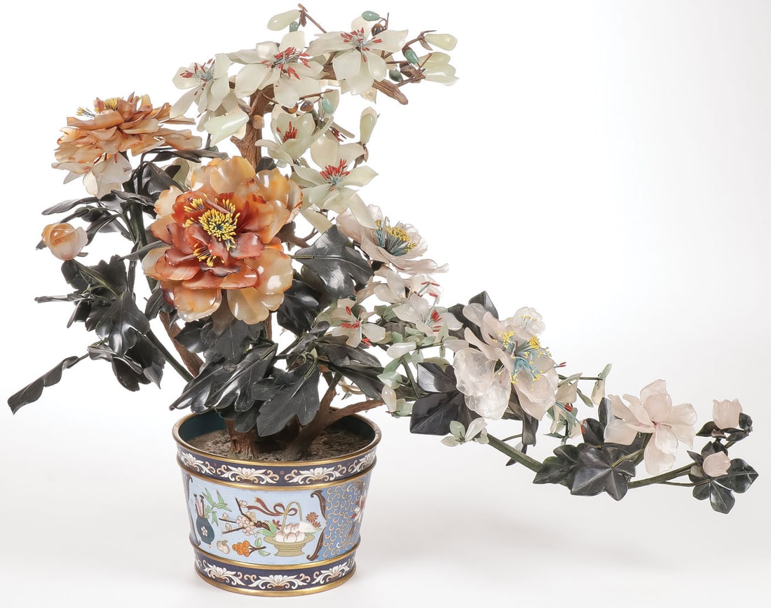 CHINESE CLOISONNE & HARDSTONE FLOWER GROUP (1 of 2)