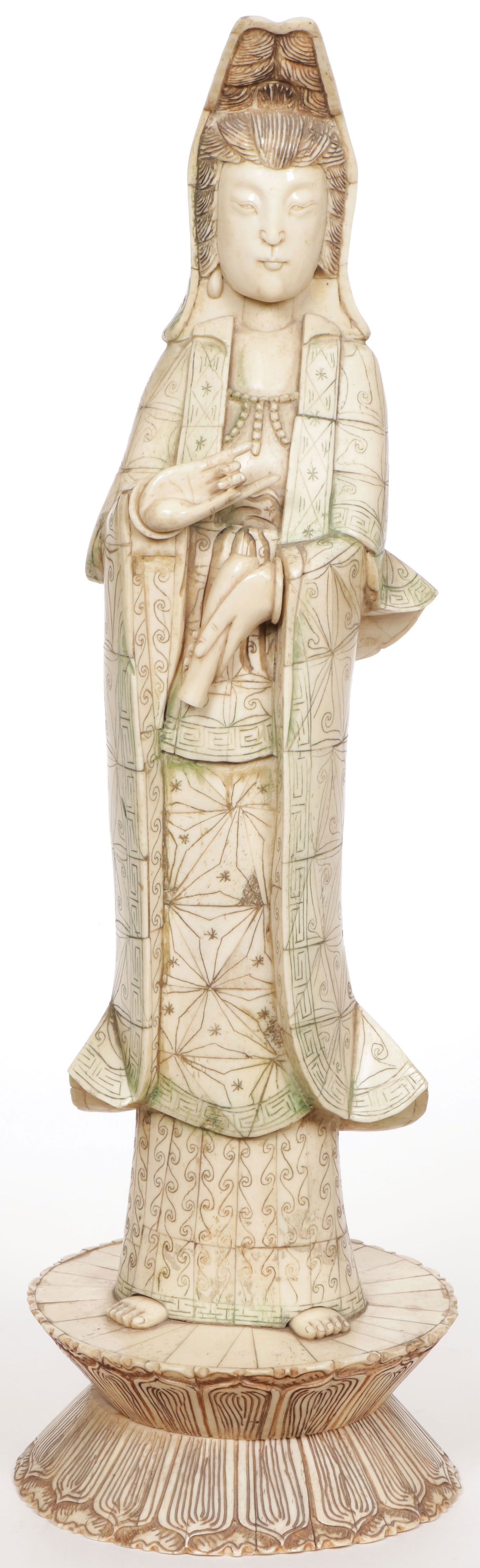 CHINESE CARVED BONE GUAN YIN C. 1950: CHINESE CARVED BONE GUAN YIN C. 1950 Finely carved in full round the feet, hands, and face. The body and double lotus base in carved laminated bone. Height 20.5 (52cm). NO INTERNATIONAL SHIPPING AND S