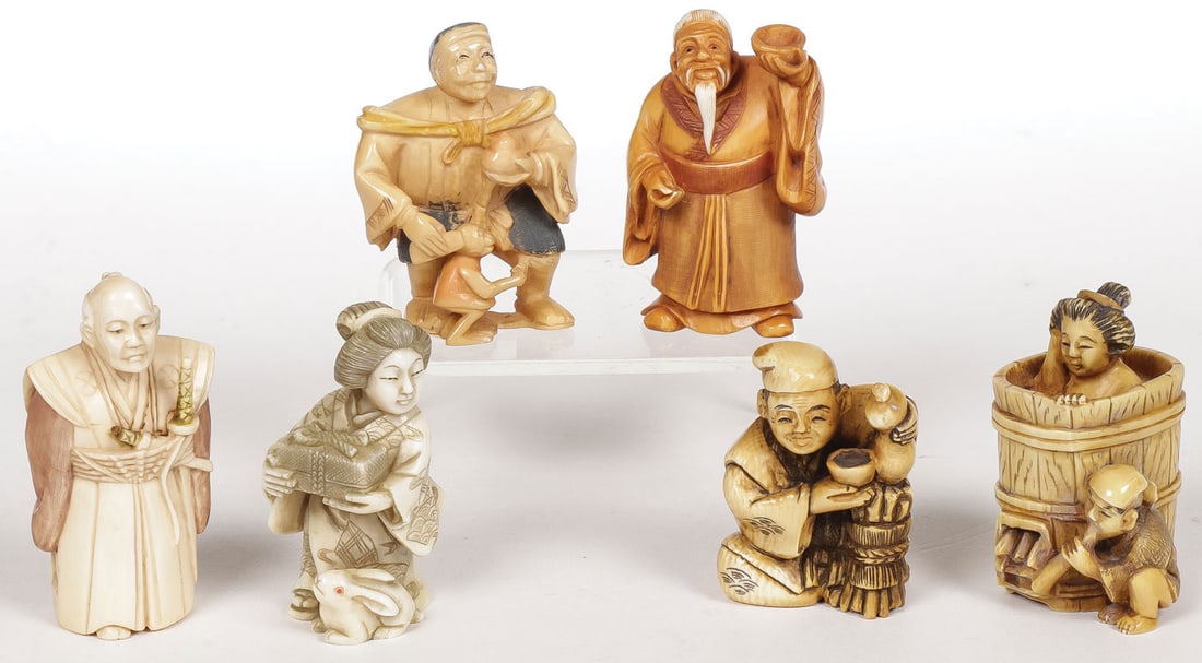 6 JAPANESE CARVED NETSUKES MEIJI (1 of 2)