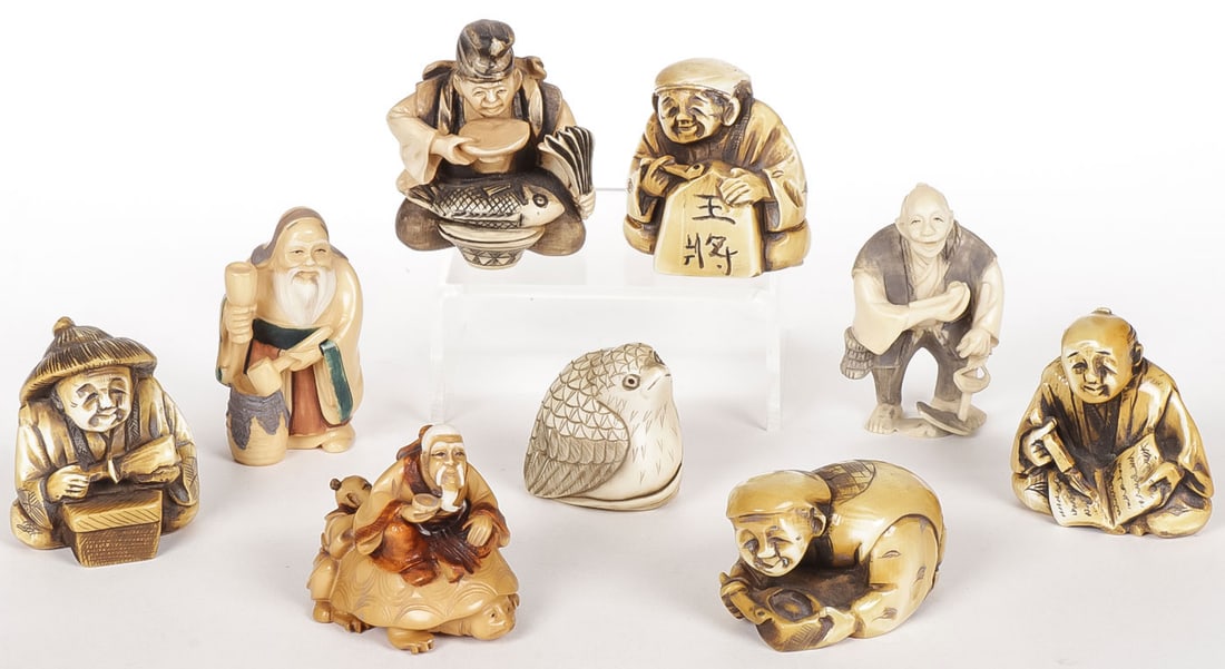 9 CARVED NETSUKES: 9 CARVED NETSUKES. Each carved in full round some with more detailing than others and some with tinting, the majority signed and including various merchants, folk lore characters and sages as shown Gr