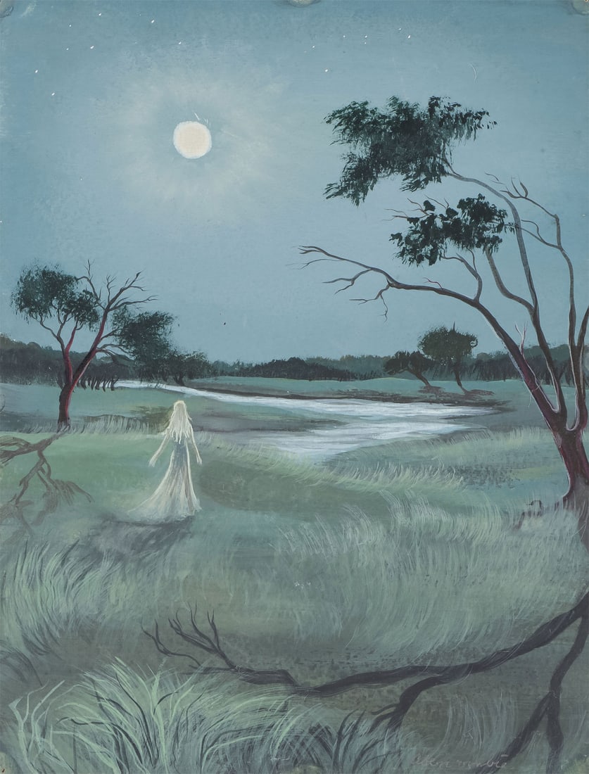 SURREAL NOCTURNAL LANDSCAPE, ATTRIB ABERCROMBIE: Attributed to GERTRUDE ABERCROMBIE (1909 - 1977) Surreal Nocturnal Landscape with Figure - c. 1940 Watercolor and gouache on card Bears signature lower right and verso 10 inches x 7.5 inches (unframed