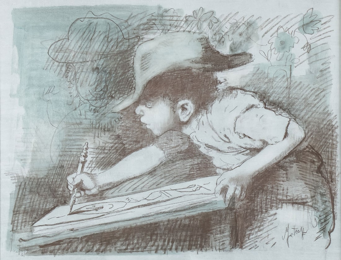 CHARMING ORIGINAL CONGER METCALF PAINTING: CONGER A. METCALF (American 1914-1998)The Young Artist Charcoal and oil wash on paperSigned lower right Image 18 inches x 23.5 inches, overall including glazed frame 23.5 inches x 28.5 inches <