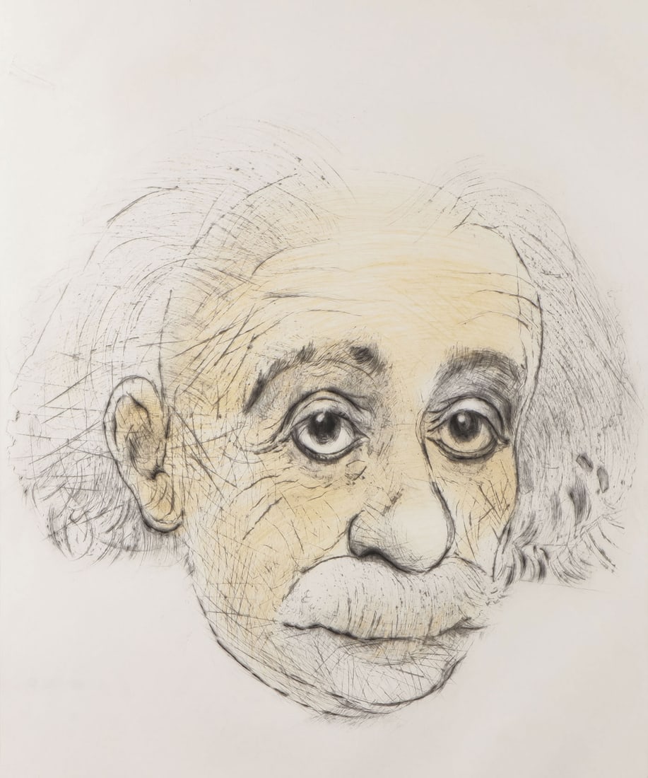 ORIGINAL LASANSKY SIGNED EINSTEIN ETCHING, 1984: MAURICIO LASANSKY (American 1914-2021)Albert Einstein - 1983Drypoint etching and colorSigned, titled, and numbered in pencil lower right 10/70Sheet size 33.5 x 26.5 inches SHIPPIN