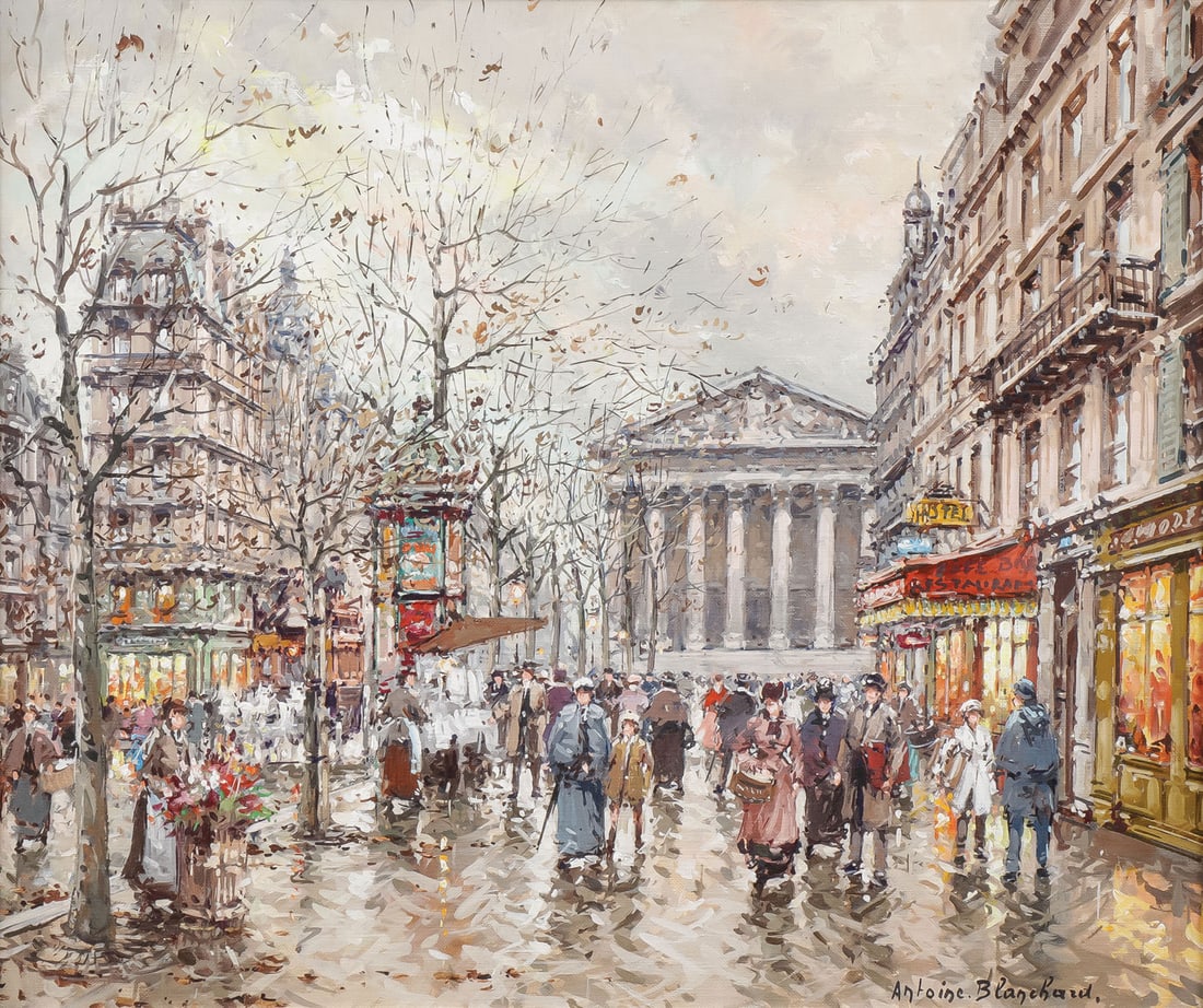 LARGE ANTOINE BLANCHARD PARIS STREET SCENE OIL: ANTOINE BLANCHARD (French 1910 - 1988) La Rue Tronchet et la Madeleine Oil on canvas Signed lower right and signed and titled on verso 18 x 21.5 inches (47 x 54.5cm) SHIPPING NOTICE