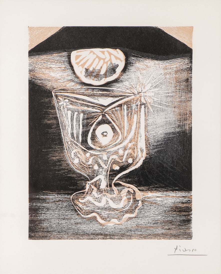 SIGNED PABLO PICASSO LINOCUT: PABLO PICASSO (Spanish 1881-1973) Le verre sous la lampe -1962 Linocut on Arches paper Pencil signed lower right, with Arches watermark along right margin, and verso with label for Minotaur Galleries,