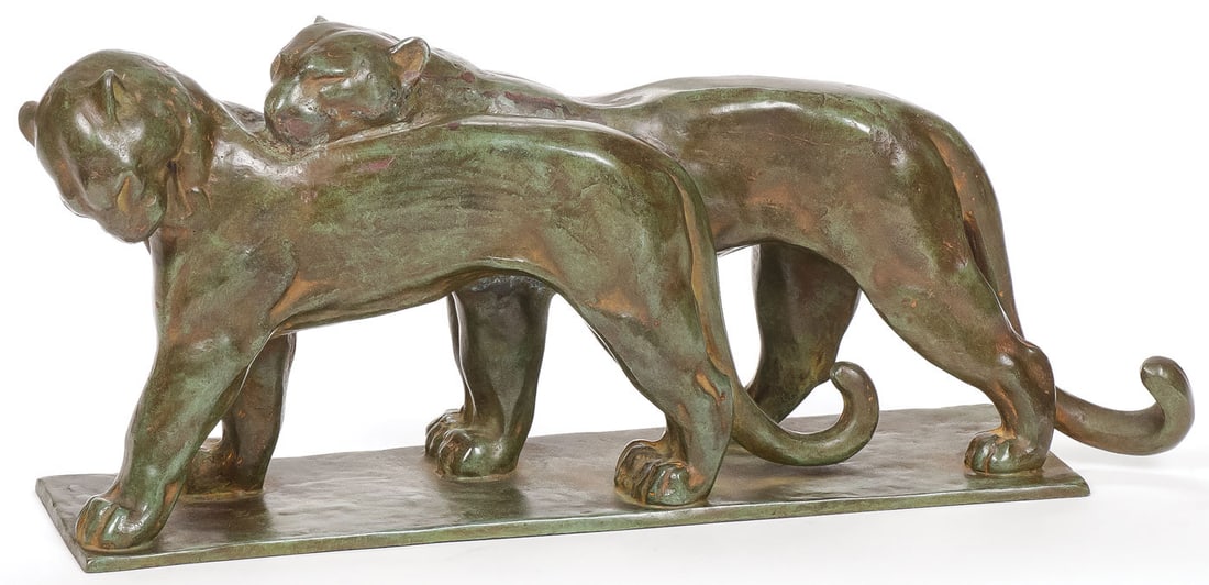ART DECO STYLE BRONZE: After ANDRE VINCENT BECQUEREL (French, 1893-1981)Couple de Pantheres Bronze with verdigris patinaHeight 8 inches (20.2cm), length 17.75 inches (45cm) SHIPPING NOTICE:Jacks