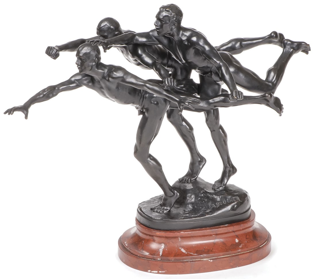 GOOD VINTAGE BOUCHER BRONZE: ALFRED BOUCHER (French 1850-1934) Au But! Bronze with dark brown patina Signed on base and with Siot-Paris foundry mark and further numbered Overall height including marbled base 12.75 inches (32.5cm)