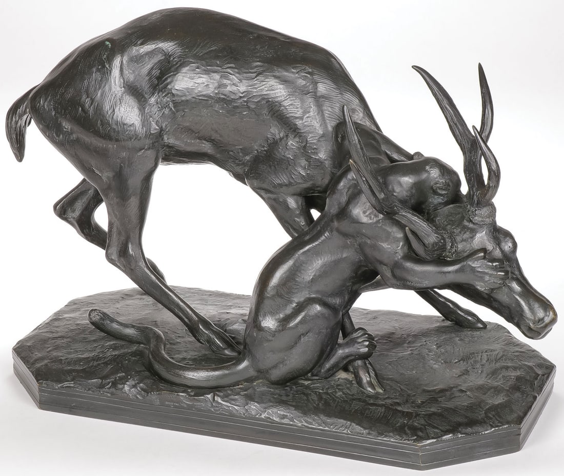 GREAT VINTAGE BARYE BRONZE: ANTOINE-LOUIS BARYE (French 1796-1875) Panther and Stag Bronze with dark brown patina Signed on base and with Susse Fres foundry inscription Height 13 inches (33cm), length 20.75 inches (52.5cm)